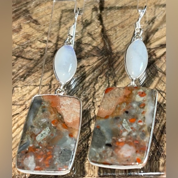 Rainbow Moonstone & Red Jasper Earrings 2 1/2” - Picture 3 of 13